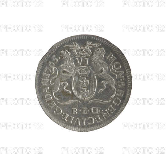 Gdansk six-coin, Stanislaw August Poniatowski (King of Poland; 1764–1795). Maker: Rudolf Ernest Oeckermann (1760–1765). Subject/inscriptions/iconography: Obverse: Right-facing crowned bust in armour and mantle, wearing the Order of the White Eagle; inscription around divided at top: 'STANISL:AVG:DGREX.POL:MDLRP', pearl border. Reverse: Oval shield with the coat of arms of Gdansk supported by two lions, above under a wreath; numeral of value 'VI' at bottom; signature 'REOE.'; inscription around divided: 'MON:ARGENT:CIVIT:GEDAN:1765', pearl border. Date: 1765. Place: Gdansk, Polish–Lithuanian Commonwealth. Medium/function: Coin. Dimensions/weight: diameter ~23.0–23.5 mm; weight 2.82 g.