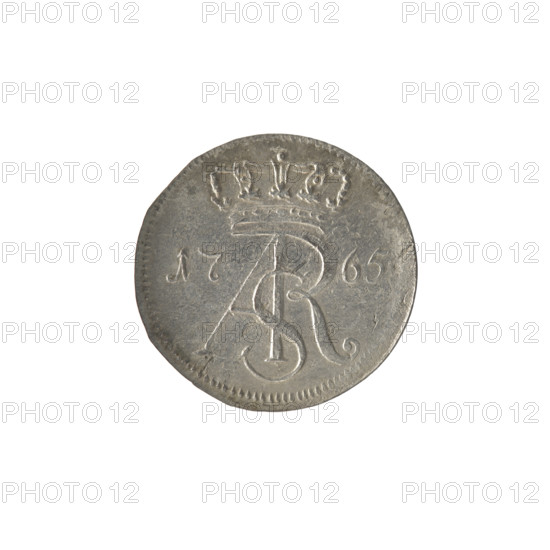 Torun trojak, Stanislaw August Poniatowski (King of Poland; 1764–1795), Brückmann, Szymon (fl. 1764–1768), monograms, royal monograms, tied monograms, Stanislaw August Poniatowski (King of Poland; 1732–1798), inscriptions, coats of arms, city coats of arms, Torun (coat of arms), Obv.: Under the crown a tied monogram composed of the letters SAR, on the sides: 17 - 65, pearl border. Rev.: A shield with the coat of arms of Torun held by an angel, signature on the sides: S - B, around it an inscription starting with a star .GROSSUS.TRIPLEX.THORUNENSIS, pearl border, 1765, Polish–Lithuanian Commonwealth (1569–1795), Torun, Poland, coin, diameter 20.5–21.0 mm, weight 1.40 g.