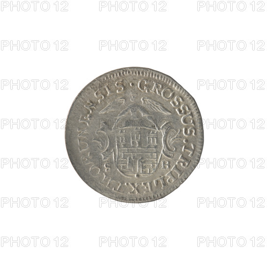 Torun trojak, Stanislaw August Poniatowski (King of Poland; 1764–1795), Brückmann, Szymon (fl. 1764–1768), monograms, royal monograms, tied monograms, Stanislaw August Poniatowski (King of Poland; 1732–1798), inscriptions, coats of arms, city coats of arms, Torun (coat of arms), Obv.: Under the crown a tied monogram composed of the letters SAR, on the sides: 17 - 65, pearl border. Rev.: A shield with the coat of arms of Torun held by an angel, signature on the sides: S - B, around it an inscription starting with a star .GROSSUS.TRIPLEX.THORUNENSIS, pearl border, 1765, Polish–Lithuanian Commonwealth (1569–1795), Torun, Poland, coin, diameter 20.5–21.0 mm, weight 1.40 g