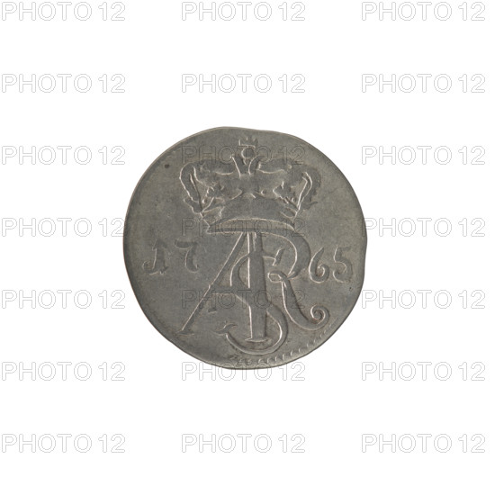 Torun trojak, Stanislaw August Poniatowski (King of Poland; 1764–1795), Brückmann, Szymon (fl. 1764–1768), monograms, royal monograms, tied monograms, Stanislaw August Poniatowski (King of Poland; 1732–1798), inscriptions, coats of arms, city coats of arms, Torun (coat of arms). Obv.: Under the crown a tied monogram composed of the letters SAR, on the sides: 17 - 65, pearl border. Rev.: Shield with the coat of arms of Torun held by an angel, signature on the sides: S - B, around it an inscription starting with a star, ROSSUS.TRIPLEX.THORUNE, pearl border. 1765, Polish–Lithuanian Commonwealth (1569–1795), Torun, Poland. Coin: diameter 20.0–20.4 mm, weight 1.15 g.