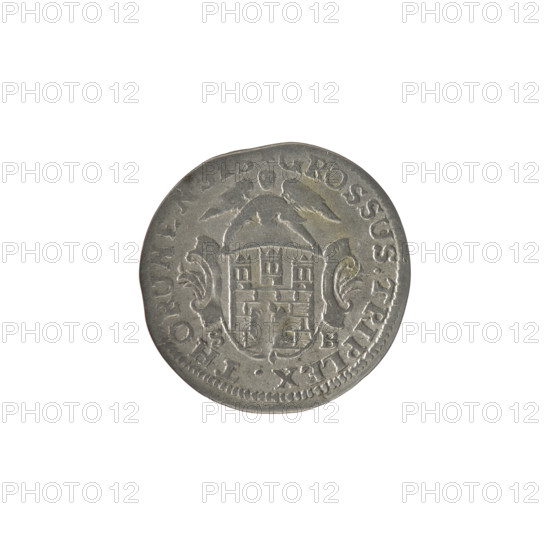 Torun trojak, Stanislaw August Poniatowski (King of Poland; 1764–1795), Brückmann, Szymon (fl. 1764–1768), monograms, royal monograms, tied monograms, Stanislaw August Poniatowski (King of Poland; 1732–1798), inscriptions, coats of arms, city coats of arms, Torun (coat of arms). Obv.: Under the crown a tied monogram composed of the letters SAR, on the sides: 17 - 65, pearl border. Rev.: Shield with the coat of arms of Torun held by an angel, signature on the sides: S - B, around it an inscription starting with a star, ROSSUS.TRIPLEX.THORUNE, pearl border. 1765, Polish–Lithuanian Commonwealth (1569–1795), Torun, Poland. Coin: diameter 20.0–20.4 mm, weight 1.15 g.