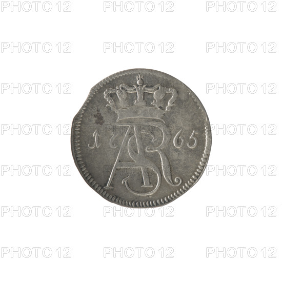Torun trojak, Stanislaw August Poniatowski (King of Poland; 1764–1795), Brückmann, Szymon (fl. 1764–1768), monograms, royal monograms, tied monograms, Stanislaw August Poniatowski (King of Poland; 1732–1798), inscriptions, coats of arms, city coats of arms, Torun (coat of arms). Obv.: Under the crown a tied monogram composed of the letters SAR; on the sides: 17 - 65; pearl border. Rev.: A shield with the coat of arms of Torun held by an angel; signature on the sides: S - B; around it an inscription starting with a star .GROSSUS.TRIPLEX.THORUNENSIS; pearl border; 1765. Polish–Lithuanian Commonwealth (1569–1795), Torun, Poland; coin. Diameter 20.0–20.3 mm; weight 1.41 g.
