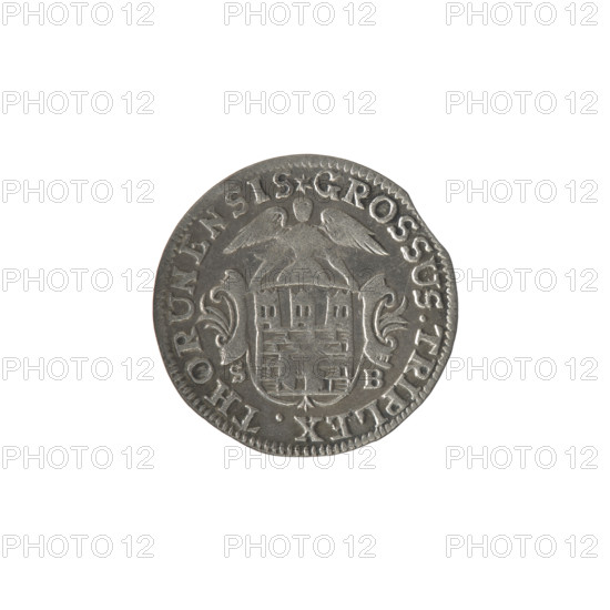 Torun trojak, Stanislaw August Poniatowski (King of Poland; 1764–1795), Brückmann, Szymon (fl. 1764–1768), monograms, royal monograms, tied monograms, Stanislaw August Poniatowski (King of Poland; 1732–1798), inscriptions, coats of arms, city coats of arms, Torun (coat of arms), Obv.: Under the crown a tied monogram composed of the letters SAR, on the sides: 17 - 65, pearl border. Rev.: A shield with the coat of arms of Torun held by an angel, signature on the sides: S - B, around it an inscription starting with a star .GROSSUS.TRIPLEX.THORUNENSIS, pearl border, 1765, Polish–Lithuanian Commonwealth (1569–1795), Torun, Poland, coin, diameter 20.0–20.3 mm, weight 1.41 g