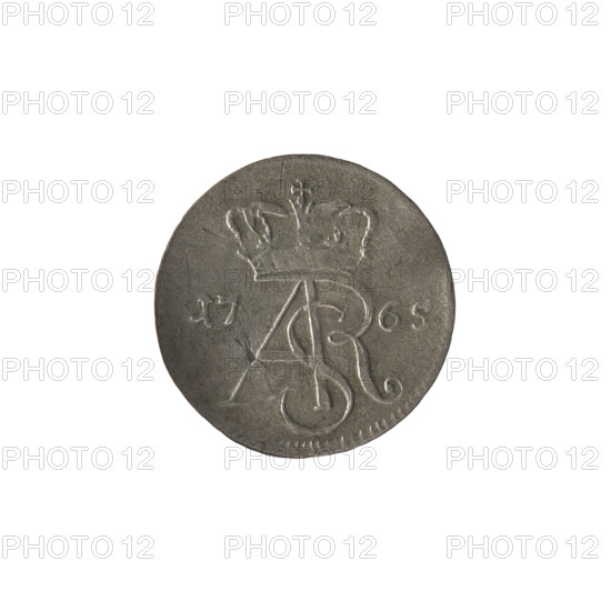 Torun trojak, Stanislaw August Poniatowski (King of Poland; 1764–1795), Brückmann, Szymon (fl. 1764–1768), monograms, royal monograms, tied monograms, Stanislaw August Poniatowski (King of Poland; 1732–1798), inscriptions, coats of arms, city coats of arms, Torun (coat of arms). Obv.: Under the crown, a tied monogram composed of the letters SAR, on the sides: 17 - 6, pearl border. Rev.: Shield with the coat of arms of Torun held by an angel, signature on the sides: S - B, around it an inscription starting with a star .GROSSUS.TRIPLEX.THOR, NSIS, pearl border. 1765, Polish–Lithuanian Commonwealth (1569–1795), Torun, Poland. Coin; diameter 19.8–20.0 mm; weight 1.25 g.