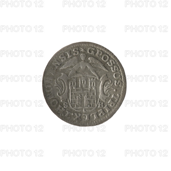 Torun trojak; 1765; obverse: under the crown a tied monogram composed of the letters SAR, flanked by 17 - 6, pearl border; reverse: shield with the coat of arms of Torun held by an angel, signature on the sides S - B, legend beginning with *GROSSUS.TRIPLEX.THORNSIS, pearl border; maker: Brückmann, Szymon (fl. 1764–1768); associated ruler: Stanislaw August Poniatowski (King of Poland; 1732–1798); inscriptions, royal monograms, coats of arms; material: coin; place: Torun, Polish–Lithuanian Commonwealth; diameter ~19.8–20.0 mm; weight 1.25 g