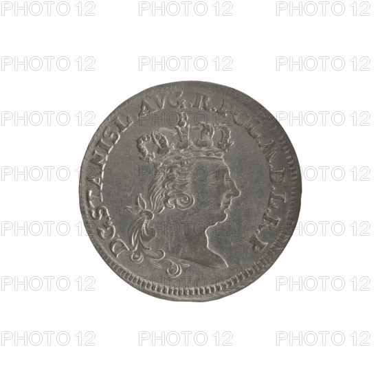 Torun six-coin, Stanislaw August Poniatowski (King of Poland; 1764–1795), Brückmann, Szymon (fl. 1764–1768), Stanislaw August Poniatowski (King of Poland; 1732–1798), coats of arms, city coats of arms, city coins, Torun (coat of arms), Stanislaw August Poniatowski (King of Poland; 1732–1798) - iconography, head of the ruler, Obv.: Turned right, crowned head of Stanislaw August, around inscription divided at the bottom: DG STANISL. AVG. R. POL. MDL RP, pearl border. Reverse: Shield with the Torun coat of arms held by an angel, on the sides date: 17 - 65, below signature: S - B, under the shield number of values: VI, around the inscription divided at the bottom starting with a rosette .MONETA. ARGENT. - CIVITA. THORUNENS, pearl border. 1765, Polish–Lithuanian Commonwealth (1569–1795), Torun, Poland, coin; diameter 23.8–24.0 mm, weight 2.95 g.