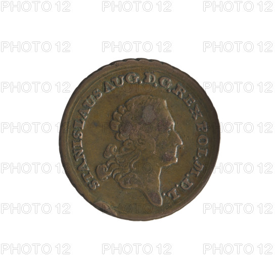 Obv.: Head of Stanislaw August turned to the right, around it a divided inscription at the bottom: STANISLAUS AUG. D.G.REX POL.MDL-, continuous border. Rw.: Inscription in eight lines: AERE/PERENNIVS/AEVUM/SCEPTRAGERAT./PATRIAMQ.BEET./OF:CR:?.MON./VOVET./1767, below CI signature, continuous border, decorative edge. Historical trio: Stanislaw August Poniatowski (King of Poland; 1732–1798), Konstanty Jablonowski - inspector (1767). Commemorative coin, 1767, Polish–Lithuanian Commonwealth (1569–1795), Kraków, Poland. Coin: diameter 27.4–27.8 mm, weight 12.72 g.