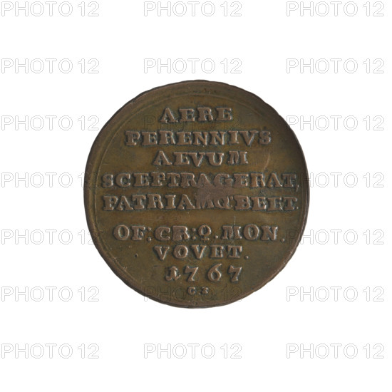 Obv.: Head of Stanislaw August turned to the right, around it a divided inscription at the bottom: STANISLAUS AUG. D.G.REX POL.MDL-, continuous border. Rv.: Inscription in eight lines: AERE/PERENNIVS/AEVUM/SCEPTRAGERAT./PATRIAMQ.BEET./OF:CR:?.MON./VOVET./1767, below CI signature, continuous border, decorative edge. Historical trio: Stanislaw August Poniatowski (King of Poland; 1732–1798), Konstanty Jablonowski - inspector (1767). Commemorative coin, 1767; Polish–Lithuanian Commonwealth (1569–1795), Kraków, Poland. Coin: diameter 27.4–27.8 mm, weight 12.72 g.
