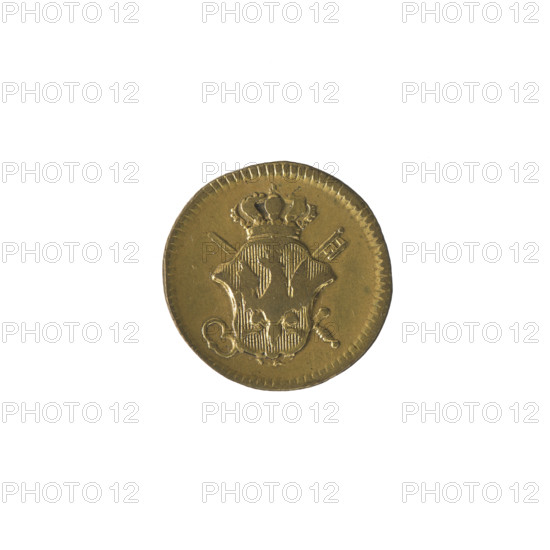 Weight for weighing ducats, 1768. Obverse: under a crown, a coat of arms with a crowned eagle; behind the shield a crossed key and sword; pearl border. Reverse: inscription in five lines 'I/AUREI/NUMMI/PONDUS/1768'; around the inscription: '67 EX MARCA COLONIENSE.'; pearl border; obliquely ribbed edge. Maker: Justyn Schröder (Mintmaster of the Warsaw Mint 1768–1772). Associated with Stanislaw August Poniatowski (King of Poland). Material/function: monetary weight (for weighing ducats). Date/place: 1768, Polish–Lithuanian Commonwealth (Warsaw, Poland). Dimensions: coin diameter 18.2 mm and 18.7 mm; weight 3.39 g.