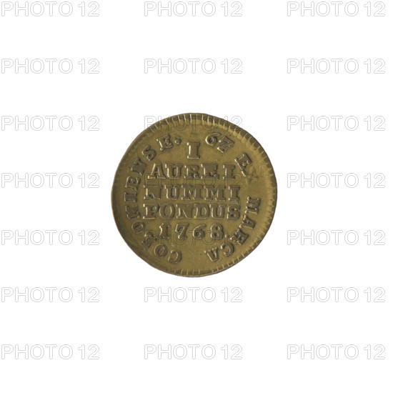 Weight for weighing ducats, 1768. Obverse: under a crown, a coat of arms with a crowned eagle, behind the shield a crossed key and sword, pearl border. Reverse: inscription in five lines 'I/AUREI/NUMMI/PONDUS/1768', around the inscription '67 EX MARCA COLONIENSE.', pearl border, obliquely ribbed edge. Maker: Justyn Schröder (Mintmaster of the Warsaw Mint 1768–1772). Associated ruler: Stanislaw August Poniatowski (King of Poland, 1764–1795). Polish-Lithuanian Commonwealth (1569–1795). Function: monetary weight. Coin dimensions: diameters 18.2 mm and 18.7 mm; weight 3.39 g.