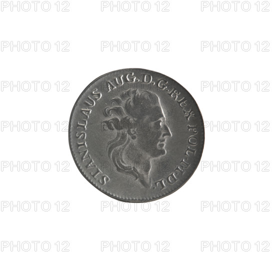Ducat stamp — mint proof or card playing token copy. Maker of original: Brenn, Efraim (fl. 1774–1792). Portrait subject of original: Stanislaw August Poniatowski (King of Poland; 1732–1798 / reigned 1764–1795). Materials/objects: Polish coins; Crown coins; card playing tokens; mint proofs; copies. Obverse: Head of Stanislaw August turned right, around the inscription divided at the bottom: 'STANISLAUS AUG.DGREX POL.MDL' — pearl border. Reverse: Under a crown, decorated with intertwined branches, a five-field coat of arms with the coats of arms of Poland (Eagle), Lithuania (Pogon) and the Poniatowski family (Ciolek); on the sides of the shield: '17' and '7'; signature at the bottom: 'EB' — pearl border. Date of original: 1779. Historical context of original: Polish–Lithuanian Commonwealth (1569–1795). Measurements (copy/coin): diameters 21.4 mm and 22.0 mm; weight 3.34 g.