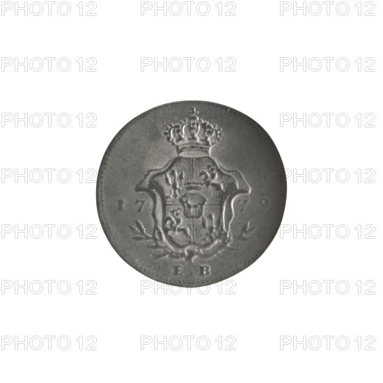 Ducat stamp - mint proof or card playing token copy. Brenn, Efraim (fl. 1774–1792) (for the original). Stanislaw August Poniatowski (King of Poland; 1764–1795) (for the original). Polish coins; Crown coins. Stanislaw August Poniatowski — iconography: portraits of rulers; coats of arms; multi-field coats of arms; coats of arms under a crown. Card playing tokens; mint proofs; copies. WQXBCFS
I:\nmw crop ready cleaned\ WQXBCFS
I:\nmw crop ready cleaned\Obverse: Head of Stanislaw August turned right, around the inscription divided at the bottom: STANISLAUS AUG. D. G. REX POL. MDL — pearl border. WQXBCFS
I:\nmw crop ready cleaned\Reverse: Under a crown, decorated with intertwined branches, a five-field coat of arms with the coats of arms of Poland (Eagle), Lithuania (Pogon) and the Poniatowski family (Ciolek); on the sides of the shield: 17 - 7. Signature at the bottom: EB — pearl border. 1779 (for the original). Polish–Lithuanian Commonwealth (1569–1795) (for the original). Warsaw (for ...
