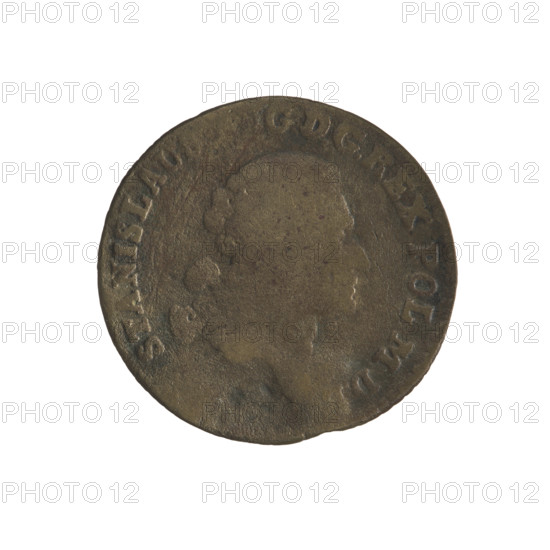 gold crown - forgery; publisher: Sylm, Frederick William (fl. 1765-1767) (for the original); subject: Stanislaw August Poniatowski (King of Poland; 1764–1795) (for the original); type: Polish coin, Crown coin; iconography: portraits of rulers, coats of arms, multi-field coats of arms, coats of arms under a crown; Obverse: Head of Stanislaw August, inscription around the rim: STANISLAU, GDGREX POL.MD, pearl border; Reverse: Under the crown, in a wreath, a round five-field coat of arms with the coats of arms of Poland (Eagle), Lithuania (Pogon) and the Poniatowski family (Ciolek), below the letters, and around the inscription divided by a crown: LXXX.EX.M, A, -, A.COL, 1767; date (for the original): 1767–1795; polity (for the original): Polish–Lithuanian Commonwealth (1569–1795); place (for the original): Warsaw, Poland; object: coin; diameter: 25.0–25.4 mm; weight: 4.41 g.