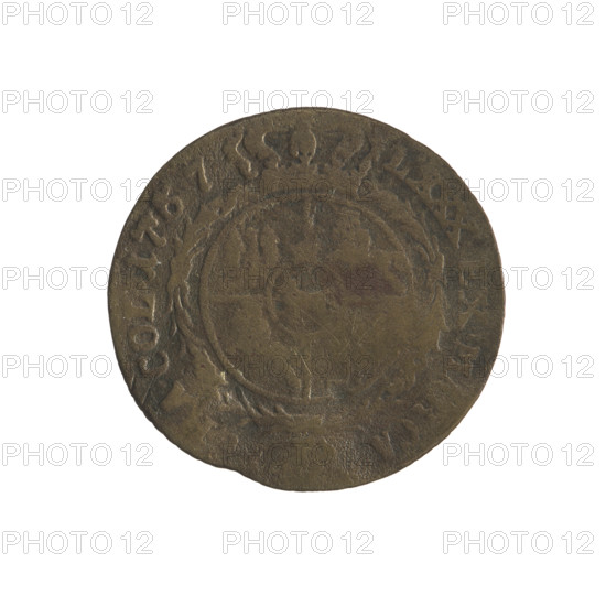 Gold crown (forgery). Obverse: head of Stanislaw August, inscription around rim: 'STANISLAU, GDGREX POL.MD', pearl border. Reverse: under a crown, in a wreath, a round five-field coat of arms with the coats of arms of Poland (Eagle), Lithuania (Pogon), and the Poniatowski family (Ciolek), below the letters, and around the inscription divided by a crown: 'LXXX.EX.M, A, -, A.COL, 1767.' Attributed to Sylm, Frederick William (fl. 1765–1767) (publisher for the original); original dated 1767–1795; maker associated with Stanislaw August Poniatowski (King of Poland). Polish-Lithuanian Commonwealth period; Warsaw, Poland (for the original). Coin; diameter c. 25.0–25.4 mm; weight 4.41 g.