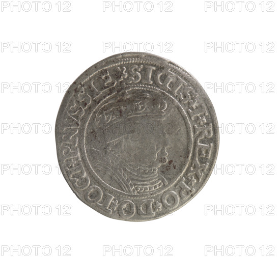 Prussian grosz, Sigismund I the Old (King of Poland; 1506–1548). Silver coin (grosz), 1535, Torun, Poland. Obverse: Crowned male (royal) bust in profile facing right; rim inscription between pearl borders: .SIGIS.I.REX.PO.DO.TOCI.PRVSSIE. Reverse: Eagle of Royal Prussia; rim inscription between pearl borders: .GROSS.COMV.TERR.PRVSSIE. Subject/iconography: Jagiellonian dynasty, coats of arms, eagles, royal bust; inscriptions as above.