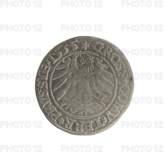 Prussian grosz, Sigismund I the Old (King of Poland; 1506–1548). Silver coin (grosz), 1535, Torun, Poland. Obverse: Crowned male (royal) bust in profile facing right; rim between pearl borders inscribed '.SIGIS.I.REX.PO.DO.TOCI.PRVSSIE'. Reverse: The Eagle of Royal Prussia; rim between pearl borders inscribed '.GROSS.COMV.TERR.PRVSSIE.1535'. Iconography: coats of arms, eagles, royal bust; Jagiellonian dynasty.