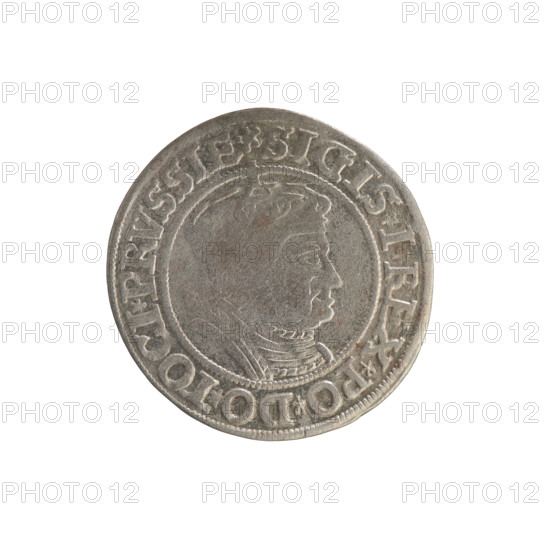 Prussian grosz, Sigismund I the Old (King of Poland; 1506–1548); Polish coin, Jagiellonian dynasty. Obverse: Crowned male bust in profile turned to the right; in the rim between pearl borders an inscription: .SIGIS.I.REX.PO.DO.TOCI.PRVSSIE. Reverse: The Eagle of Royal Prussia; in the rim between the pearl borders the inscription: .GROSS.COMV.TERR.PRVSSIE. 1535. Torun, Poland.