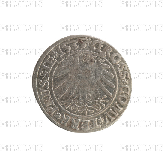Prussian grosz, Sigismund I the Old (King of Poland; 1506–1548). Silver coin (grosz), 1535, Torun, Poland. Obverse: Crowned male (royal) bust in profile turned right; rim between pearl borders with inscription: .SIGIS.I.REX.PO.DO.TOCI.PRVSSIE. Reverse: The Eagle of Royal Prussia; rim between pearl borders with inscription: .GROSS.COMV.TERR.PRVSSIE. Subjects/iconography: Sigismund I the Old, coats of arms, eagles.