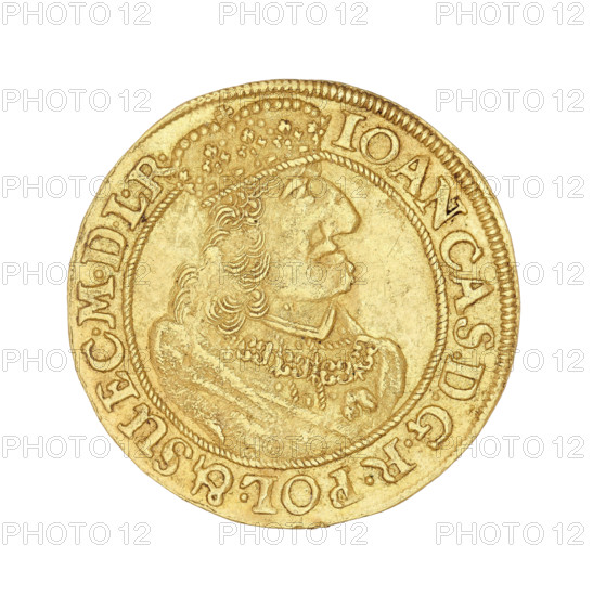 Gdansk ducat, Lesse, Daniel (1656–1685); John II Casimir Vasa (King of Poland; reign 1648–1668). Obverse: bust of the king with a crown, right profile, wearing the Order of the Golden Fleece, within a rope rim: IOAN.CAS.DGREX POL.& SUEC.MD. Reverse: coat of arms held by two lions, a wreath surrounding a flower at the top, a cartouche dividing the letters DL at the bottom; in a corded rim: MON:AUREA CIVITAT.GEDANEN.1657. Dated 1657. Poland, Gdansk. Coin; weight 3.40 g., A round gold-colored coin with a raised portrait of a person in profile wearing a crown and ornate clothing, showing textured hair and detailed decorative elements around the collar, surrounded by a raised border and decorative edge, with the coin surface showing varied shading and metallic highlights in gold and yellow tones.