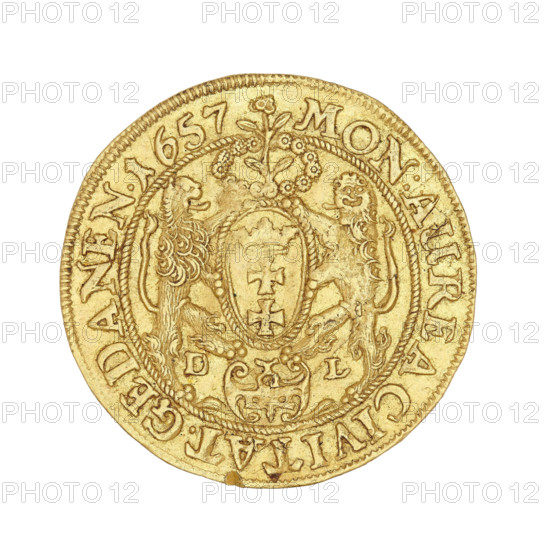 Gdansk ducat, Lesse, Daniel (1656–1685), John II Casimir Vasa (King of Poland; reign 1648–1668). Obverse: bust of the king with a crown, right profile, wearing the Order of the Golden Fleece, within a rope rim: IOAN.CAS.DGREX POL.& SUEC.MD. Reverse: coat of arms held by two lions, wreath surrounding a flower at top, cartouche dividing the letters DL at bottom; in a corded rim: MON:AUREA CIVITAT.GEDANEN.1657. 1657. Poland, Gdansk. Coin, weight 3.40 g., A circular metallic object with a textured surface in shades of gold and yellow, featuring ornate raised designs including a central shield flanked by a pair of stylized animals, decorative floral and rope-like motifs surrounding the center, and a patterned rim; the metal shows areas of slight wear and darker golden toning.