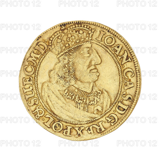 Gdansk ducat; maker: Lesse, Daniel (1656–1685); subject: John II Casimir Vasa (King of Poland, 1648–1668); date: 1657; place: Gdansk, Poland; type: coin (ducat), weight 3.49 g. Obverse: crowned bust of the king in right profile, wearing the Order of the Golden Fleece on the chest, rope rim; inscription IOAN.CAS.DGREX. POL.& SUEC.MD. Reverse: coat of arms held by two lions, wreath surrounding a flower at top, cartouche dividing the letters DL at bottom, corded rim; inscription MON:AUREA CIVITAT.GEDANEN.1657., A round metallic object with a golden color fills the image, showing a raised profile of a person wearing a detailed crown and ornate clothing with decorative patterns; the edge of the object has a raised rim and a series of decorative indentations, and the background around the object is white.