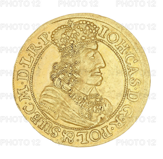 Gdansk ducat, John II Casimir Vasa (King of Poland; 1648–1668). Maker: Daniel Lesse (1656–1685). Obverse: crowned right-profile bust of the king, wearing the Order of the Golden Fleece, within a rope rim inscribed 'IOH.CAS.DGR POL.& SUEC.MDLRP'. Reverse: coat of arms held by two lions, a wreath surrounding a flower at the top, a cartouche at the bottom dividing the letters 'DL'; corded rim inscribed 'MON:AUREA CIVITAT.GEDANENS.1658'. Date: 1658. Material: coin (ducat). Weight: 3.44 g. Place: Gdansk, Poland., A circular gold-colored coin with a raised profile of a man wearing a detailed crown and ornate clothing, featuring curly hair and a decorated collar, surrounded by a beaded inner border and an outer rim with raised decorative markings; the visible colors are gold and lighter highlights where the metal reflects light.