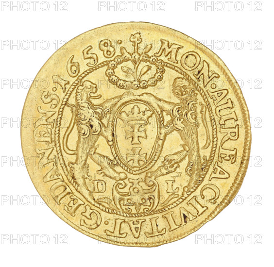 Gdansk ducat, John II Casimir Vasa (King of Poland; 1648–1668). Maker: Daniel Lesse (1656–1685). Obverse: crowned right-profile bust of the king wearing the Order of the Golden Fleece; legend within a rope rim: IOH.CAS.DGR POL.& SUEC.MDLRP. Reverse: Gdansk coat of arms held by two lions, a wreath with a flower at top, a cartouche at bottom dividing the letters DL; legend in a corded rim: MON:AUREA CIVITAT.GEDANENS.1658. Date: 1658. Medium: coin (ducat). Weight: 3.44 g. Location: Gdansk, Poland.,