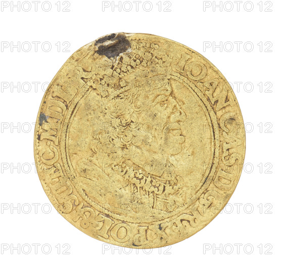 Gdansk ducat, Lesse, Daniel (1656-1685). John II Casimir Vasa (King of Poland; reign 1648–1668). Obverse: crowned bust of the king, right profile, wearing the Order of the Golden Fleece on the chest, within a rope rim inscribed IOAN.CAS.DGREX. POL.& SUEC.MDLR. Reverse: coat of arms held by two lions, a wreath surrounding a flower at the top, cartouche at the bottom dividing the letters DL; in a corded rim inscribed MON:AUREA CIVITAT.GEDANENS.1656. 1656. Poland, Gdansk. Coin; weight 3.21 g., A circular coin with a worn metallic gold surface showing a raised profile of a person wearing an ornate crown and detailed clothing, surrounded by a raised rim and decorative border; the coin has areas of darker discoloration and tarnish in places, and the overall color palette includes gold, yellow, and small patches of dark brown and gray.