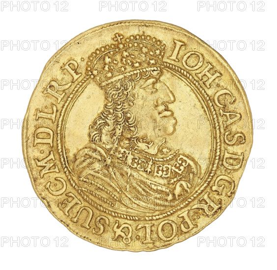 Gdansk ducat; maker: Lesse, Daniel (1656–1685); subject: John II Casimir Vasa (King of Poland, 1648–1668); material/format: coin; date: 1666; place: Gdansk, Poland; weight: 3.44 g. Obverse: crowned bust of the king, right profile, wearing the Order of the Golden Fleece; legend within rope rim: IOH.CAS.DGR POL.& SUEC.MDLRP. Reverse: coat of arms held by two lions, top wreath surrounding a flower, bottom cartouche dividing letters DL; corded rim legend: MON:AUREA CIVITAT.GEDANENS.1666., A round metallic object with a yellow-gold color showing a raised profile of a person wearing a detailed ornate crown and layered clothing with textured patterns; the rim has raised decorative edging and a ring of raised elements around the portrait; the surface shows some worn areas and small dents, with highlights and shadows emphasizing the relief details.