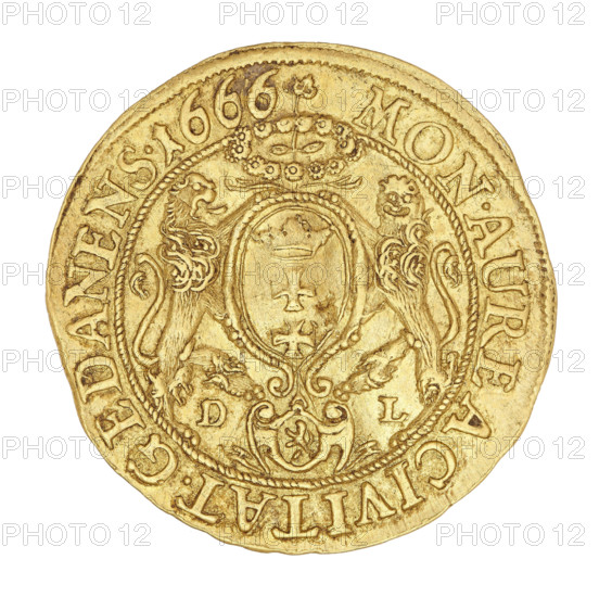 Gdansk ducat; Lesse, Daniel (1656–1685); John II Casimir Vasa (King of Poland, 1648–1668); obverse: crowned bust of the king, right profile, wearing the Order of the Golden Fleece on the chest, within a rope rim inscribed 'IOH.CAS.DGR POL.& SUEC.MDLRP'; reverse: coat of arms held by two lions, wreath surrounding a flower at top, cartouche dividing letters 'DL' at bottom, corded rim inscribed 'MON:AUREA CIVITAT.GEDANENS.1666'; dated 1666; Gdansk, Poland; coin; weight 3.44 g., A round metallic object with a golden color showing raised decorative relief; the surface includes a central oval cartouche flanked by a pair of stylized animals and topped by an ornamental crown-like motif, with intricate scrollwork and floral details around the center and along the border; the edge shows a slightly irregular rim and the metal displays subtle variations in golden tones with areas of darker patina and light wear.