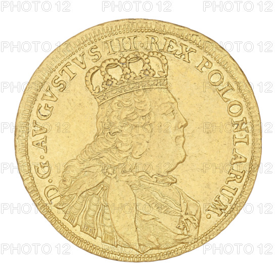 Crown double-ducat by Ernest Dietrich Croll (fl. 1753–1763), 1753. Coin struck in Leipzig. Obverse: Crowned bust of August III the Saxon (King of Poland; Elector of Saxony; 1696–1763) in right profile, legend 'D.G.AUGUSTUS.III.REX.POLONIARUM'. Reverse: Under the crown a five-opel shield between branches with the Polish, Lithuanian, and Saxon coats of arms; below the letters 'E.DC'; inscription 'SAC.ROM.IMP.ARCHIM. ET ELECT.1753'. Weight 6.95 g., A round metallic object with a warm golden color showing a raised profile of a person wearing a decorative crown and a draped garment with visible folds and patterned details; the outer edge features a repeating beaded rim and a band of raised characters encircling the portrait; the surface shows fine scratches and slight variations in the golden tone.