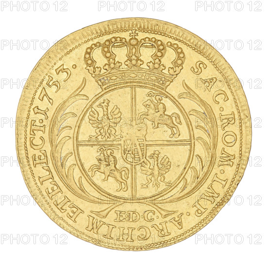 Crown double-ducat by Ernest Dietrich Croll (fl. 1753–1763) for August III the Saxon (King of Poland; Elector of Saxony; 1696–1763), 1753. Minted in Leipzig, Poland. Obverse: crowned bust of the king in right profile, legend 'D.G.AUGUSTUS.III.REX.POLONIARUM'. Reverse: under the crown a five-opel shield between branches with the Polish, Lithuanian and Saxon coats of arms; below the letters 'E.DC'; inscription 'SAC.ROM.IMP.ARCHIM. ET ELECT.1753'. Coin (crown double-ducat), weight 6.95 g., A circular metallic object with a yellow-gold color and a slightly tarnished surface, showing an embossed central design divided into four quadrants by raised lines; each quadrant contains a raised animal figure and decorative flourishes, and there is a small shield-like emblem at the center. A large ornate crown with rounded arches and bead-like details sits above the central design, and stylized curved leaf or ribbon motifs flank the main circle. A beaded border runs close to the edge, and the outer r...