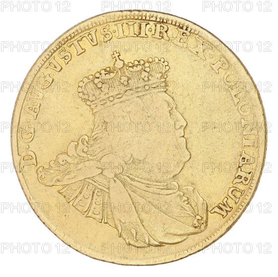 Double Augustor. Maker: Croll, Ernest Dietrich (fl. 1753–1763). Subject: August III Sas (King of Poland 1733–1763; Elector of Saxony 1696–1763). Type: thaler (coin), 1756. Place: Leipzig, Poland/Germany. Obverse: Crowned bust of the king in right profile, with the Order of the Golden Fleece on the chest. Inscription: D:G:AUGUSTUS III.REX POLONIARUM. Reverse: Under a crown, a five-field shield surrounded by two palm branches, showing the Polish, Lithuanian, and Saxon coats of arms; at the bottom EC /10:TH. Inscription: SAC.ROM.IMP.ARCHIM. ET ELECT. Edge decorated with notches. Weight: 13.13 g., A round metallic object with a yellow-gold color filling the frame, showing the raised profile of a person wearing an ornate crown and draped clothing; the profile faces right and has textured hair and detailed patterns on the crown and clothing; the surface shows fine scratches and slight wear, and the rim is slightly raised with a patterned edge; the background around the profile is the same ye...