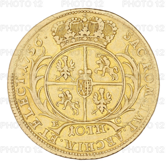 Double Augustor, Croll, Ernest Dietrich (fl. 1753–1763); August III Sas (King of Poland; Elector of Saxony; 1696–1763). Thaler, 1756. Obverse: Crowned bust of the king in right profile, with the Order of the Golden Fleece on the chest. Inscription: D:G:AUGUSTUS III.REX POLONIARUM. Reverse: Under the crown, a five-field shield surrounded by two palm branches, with the Polish, Lithuanian, and Saxon coats of arms. At the bottom, EC /10:TH. Inscription: SAC.ROM.IMP.ARCHIM. ET ELECT. Edge decorated with notches. Weight: 13.13 g., A circular gold coin fills the frame showing a raised central shield divided into four quadrants with small stylized animal and heraldic figures and a crowned emblem at the top of the shield; a large ornate crown sits above the shield and decorative leaf-like flourishes curve along the sides. The coin surface is metallic gold with areas of slightly darker patina and fine engraved lines and dots along the rim, and the relief elements cast subtle shadows creating hig...