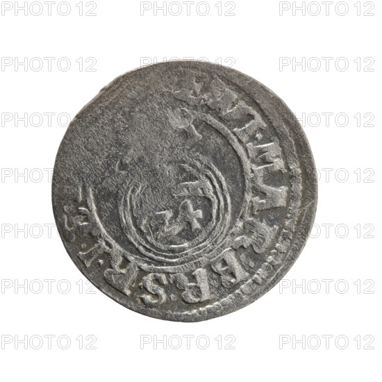 one-and-a-half, Pfahler, Ernest, cross (iconographic), George William Hohenzollern (Elector of Brandenburg; Duke of Prussia; 1620-1640), orb of rule (iconographic), coats of arms. Obv.: Royal orb with a cross with arms terminating in finials. In the lower part of the orb the value numerals Z4. On the sides of the cross the date numerals ZI. In the rim between the borders an inscription divided by a cross, E.WI.MAR.BR.SRIEL. Rev.: Under the ducal mitre a five-field coat of arms; below in the shield a value numeral 3. In the rim between the borders an inscription divided by the mitre and the value numeral DIEV&MO-DROICT-, 1621. Ducal Prussia (1525–1701), Königsberg; coin. Diameter 19.2 mm; weight 1.29 g; axis 45°.