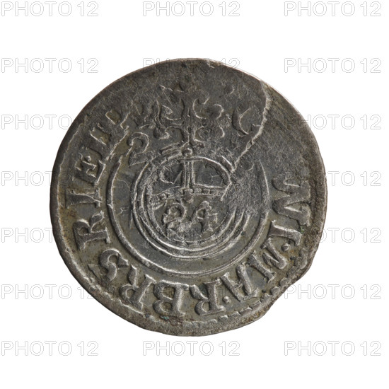 one-and-a-half, Pfahler, Ernest, Department of Coins of Lands Associated with Poland, George William Hohenzollern (Elector of Brandenburg; Duke of Prussia; 1620-1640), cross (iconographic), orb of rule (iconographic), coats of arms, Obv. Royal orb with a cross with arms terminating in finials. In the lower part of the orb the value numerals Z4. On the sides of the cross the date numerals ZI. In the rim between the borders an inscription divided by a cross, WI.MA.RBRSRIEL., Rw. Under the ducal mitre, a five-field coat of arms, below in the shield a value numeral 3. In the rim between the borders, an inscription divided by the mitre and the value numeral, MON-DROICT, 1621, Ducal Prussia (1525-1701), Königsberg, coin: diameter 20.0 mm, weight 1.17 g, axis 315 degrees.