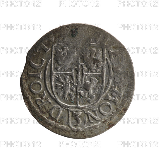 one-and-a-half, George William Hohenzollern (Elector of Brandenburg; Duke of Prussia; 1620-1640), cross (iconographic), orb of rule (iconographic), coats of arms. Obv.: Royal orb with a cross with arms terminating in finials; in the lower part of the orb the value numerals Z4; on the sides of the cross the date numerals ZI; in the rim between the borders an inscription divided by a cross, WI.MA.RBRSRIEL. Rev.: Under the ducal mitre, a five-field coat of arms; below in the shield a value numeral 3; in the rim between the borders an inscription divided by the mitre and the value numeral, MON-DROICT, 1621. Ducal Prussia (1525–1701), Königsberg; coin: diameter 20.0 mm, weight 1.17 g, axis 315°