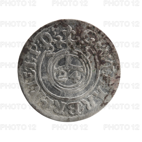 one and a half, Pfahler, Ernest, George William Hohenzollern (Elector of Brandenburg; Duke of Prussia; 1620-1640), cross (iconographic), orb of rule (iconographic), coats of arms. Obv. Royal orb with a cross with arms terminating in finials. In the lower part of the orb the value numerals Z4. On the sides of the cross the date numerals 2-3. In the rim between the borders an inscription divided by a cross, MAR:BR.SRIE:I:P:D:. Rev. Under the ducal mitre, a five-field coat of arms, below in the shield the value numeral 3. In the rim between the borders, an inscription divided by the mitre and the value numeral and ending with the hallmark DIE, - DROICT, 1623. Ducal Prussia (1525-1701), Königsberg, coin; diameter 19.8 mm; weight 0.90 g; axis 135 degrees.