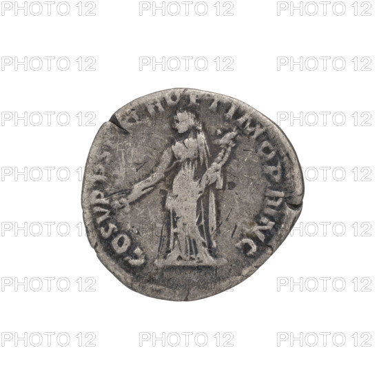 Denarius of Emperor Trajan (53–117; ruled 98–117). Obverse: head of Trajan in laurel wreath facing right; rim inscription: IMP TRAIANO AVG GER DAC PM TR P. Reverse: Felicitas (personification) standing left, wearing a long robe with draperies, holding a caduceus in her right hand (pointing downward) and a cornucopia in her left; rim inscription: COS VPP SPQR OPTIMO PRINC. Date: 103–111. Roman Empire (27 BC–476). Rome. Coin; weight 2.80 g.