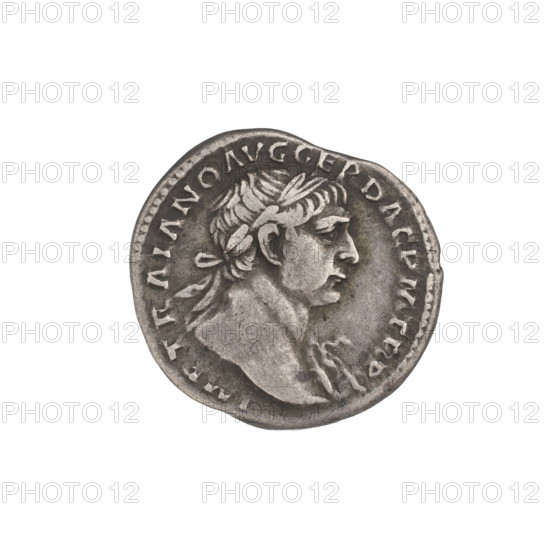 Denarius, Trajan (53–117; Roman emperor 98–117). Obverse: head of Trajan in laurel wreath facing right; rim inscription: IMP TRAIANO AVG GER DAC PM TR P. Reverse: Felicitas standing left, dressed in a long robe with draperies, a caduceus in her right hand, leaning on a column with her left hand; rim inscription: COS VPPSPQR OPTIMO PRINC. Date: 103–111. Roman Empire (27 BC–476). Mint: Rome. Coin; weight 3.20 g.
