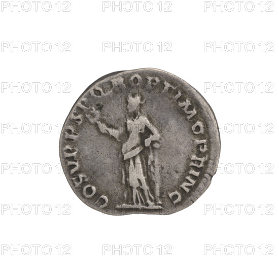 Denarius, Trajan (53–117; Roman emperor 98–117). Obverse: head of Trajan in laurel wreath facing right; rim inscription: IMP TRAIANO AVG GER DAC PM TR P. Reverse: Felicitas (personification) standing left, dressed in a long robe with draperies, holding a caduceus in her right hand and leaning on a column with her left; rim inscription: COS V PP SPQR OPTIMO PRINC. Date: 103–111. Roman Empire (27 BC–476), Rome. Coin; weight 3.20 g.