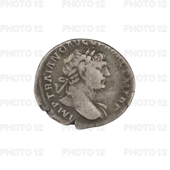 Denarius, Trajan (53–117; Roman emperor 98–117). Obverse: head of Trajan in laurel wreath facing right; rim inscription: IMP TRAIANO AVG, PM TR P. Reverse: Felicitas standing left, dressed in a long robe with draperies, a caduceus in her right hand held down, a cornucopia in her left; rim inscription: COS VPPSPQR OPTIMO PRINC, 103–111. Roman Empire (27 BC–476), Rome. Coin, weight 3.20 g.