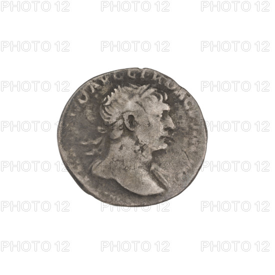 Denarius, Trajan (53–117; Roman emperor 98–117). Obverse: head of Trajan in laurel wreath facing right; rim inscription: IANO AVG GER DAC PM TR P. Reverse (103–111): Felicitas standing left, dressed in a long robe with draperies, holding a caduceus in her right hand (held down) and a cornucopia in her left; rim inscription: TIMO PRINC. 103–111. Roman Empire (27 BC–476). Rome. Coin. Weight 2.90 g.