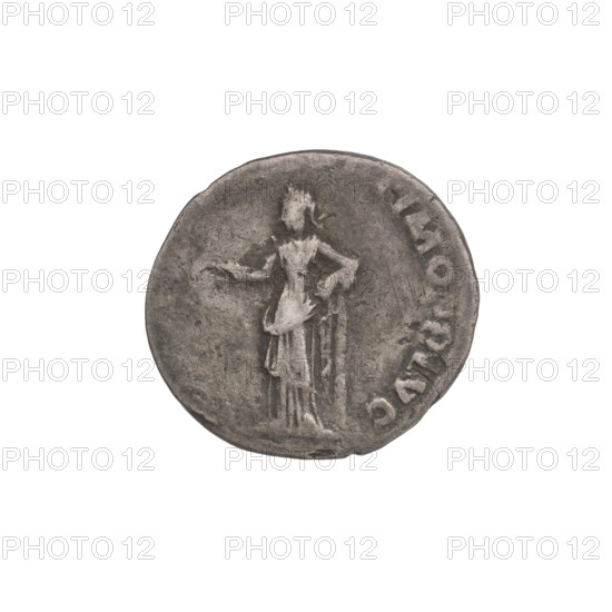 Denarius, Trajan (53–117; Roman emperor 98–117). Obverse: head of Trajan in laurel wreath facing right; rim inscription. Reverse: Felicitas standing left, dressed in a long robe with draperies, a caduceus in her right hand held down, a cornucopia in her left; rim inscription. Columns, heads. Date: 103–111. Roman Empire (27 BC–476), Rome. Coin. Weight: 2.90 g.