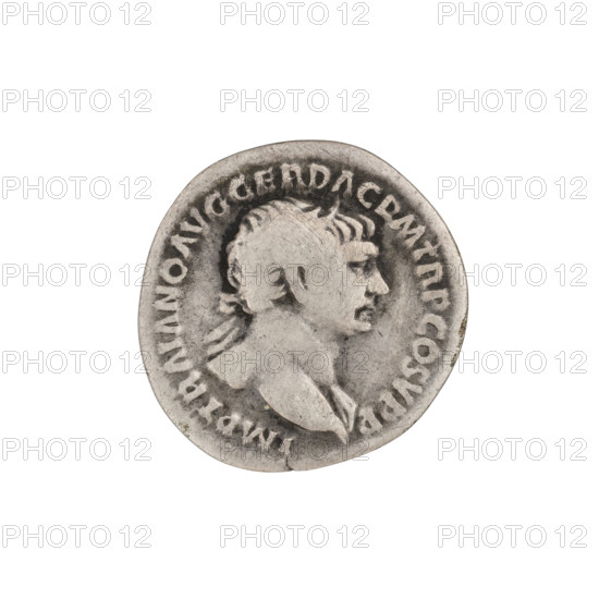 Denarius depicting Fides (personification of Fidelity), baskets, bowls, laurel wreaths, heads. Obverse: head of Trajan wearing a laurel wreath facing right; rim inscription IMP TRAIANO AVG GER DAC PM TR P COS VPP. Reverse: Fides standing left, wearing a long draped dress, holding two ears of corn in her outstretched right hand and a bowl/basket of fruit raised in her left; rim inscription SPQR OPTIMO PRINCIPI. Date: 103–111 CE. Roman Empire (27 BCE–476 CE). Rome. Coin; weight 2.90 g.