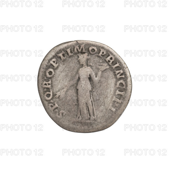 Denarius; obverse: head of Trajan with laurel wreath facing right; rim inscription IMP TRAIANO AVG GER DAC PM TR P COS VPP. Reverse: personification of Fides standing left, wearing a long dress with drapery, right hand outstretched holding two ears of corn, left hand raised holding a bowl/basket of fruit; rim inscription SPQR OPTIMO PRINCIPI. Date: 103–111 CE. Roman Empire (27 BC–476). Rome. Coin; weight 2.90 g.