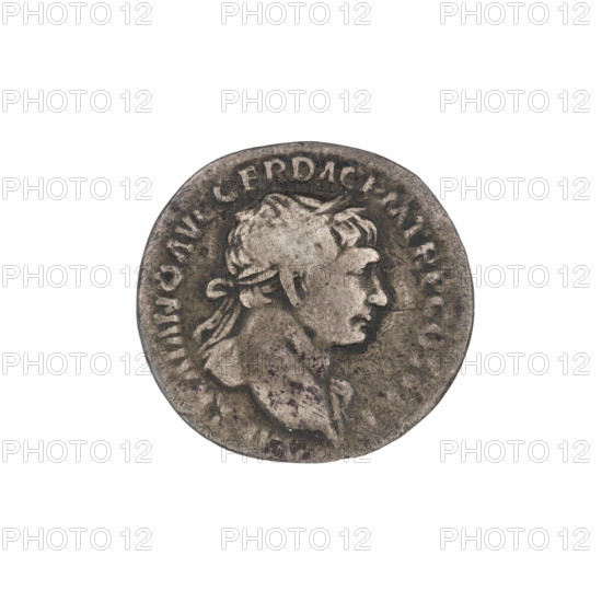 Denarius depicting Fides (personification of Fidelity). Obverse: head of Trajan wearing a laurel wreath, facing right; rim inscription: IMP TRAIANO AVG GER DAC PM TR P COS VPP. Reverse: Fides standing left, wearing a long draped dress; in her right outstretched hand she holds two ears of corn, in her left hand she raises a bowl/basket of fruit; rim inscription: SPQR OPTIMO PRINCIPI. Date: 103–111. Roman Empire (27 BC–476). Material: coin. Weight: 2.20 g.