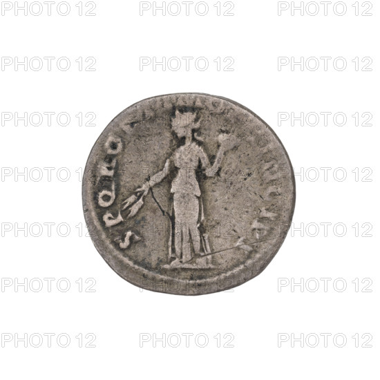 Denarius; obverse: head of Trajan wearing a laurel wreath facing right; rim inscription IMP TRAIANO AVG GER DAC PM TR P COS VPP. Reverse: personification Fides standing left, wearing a long draped dress, holding two ears of corn in her outstretched right hand and a bowl/basket of fruit raised in her left; rim inscription SPQR OPTIMO PRINCIPI. Date: 103–111. Roman Empire (27 BC–476). Rome. Coin. Weight: 2.20 g.
