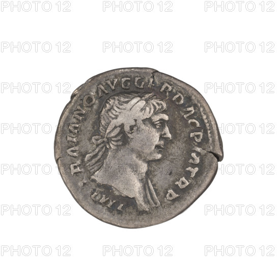 Denarius; Obv.: head of Trajan wearing a laurel wreath facing right; rim inscription: IMP TRAIANO AVG GER DAC PM TR P. Rev.: Fortuna standing left, dressed in a long draped garment, right arm outstretched holding a rudder attached to a bow, left hand holding a cornucopia; rim inscription: COS VPPSPQR OPTIMO PRINC. Date: 103–111 CE. Roman Empire (27 BCE–476 CE). Material: silver coin; weight 3.12 g.