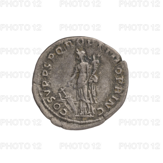 denarius; Obv.: head of Trajan with laurel wreath facing right; rim inscription: IMP TRAIANO AVG GER DAC PM TR P; Rev.: Fortuna standing left in long dress with draperies, right hand outstretched holding a rudder attached to a bow, left hand holding a cornucopia; rim inscription: COS VPPSPQR OPTIMO PRINC; date ca. 103–111; Roman Empire (27 BC–476); Rome; coin; weight 3.12 g